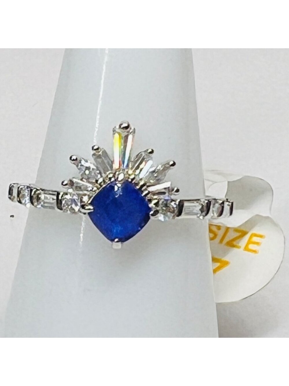 Ring Bomb Party Ring, size 7, blue stone, silver color band, CZ looking accents,